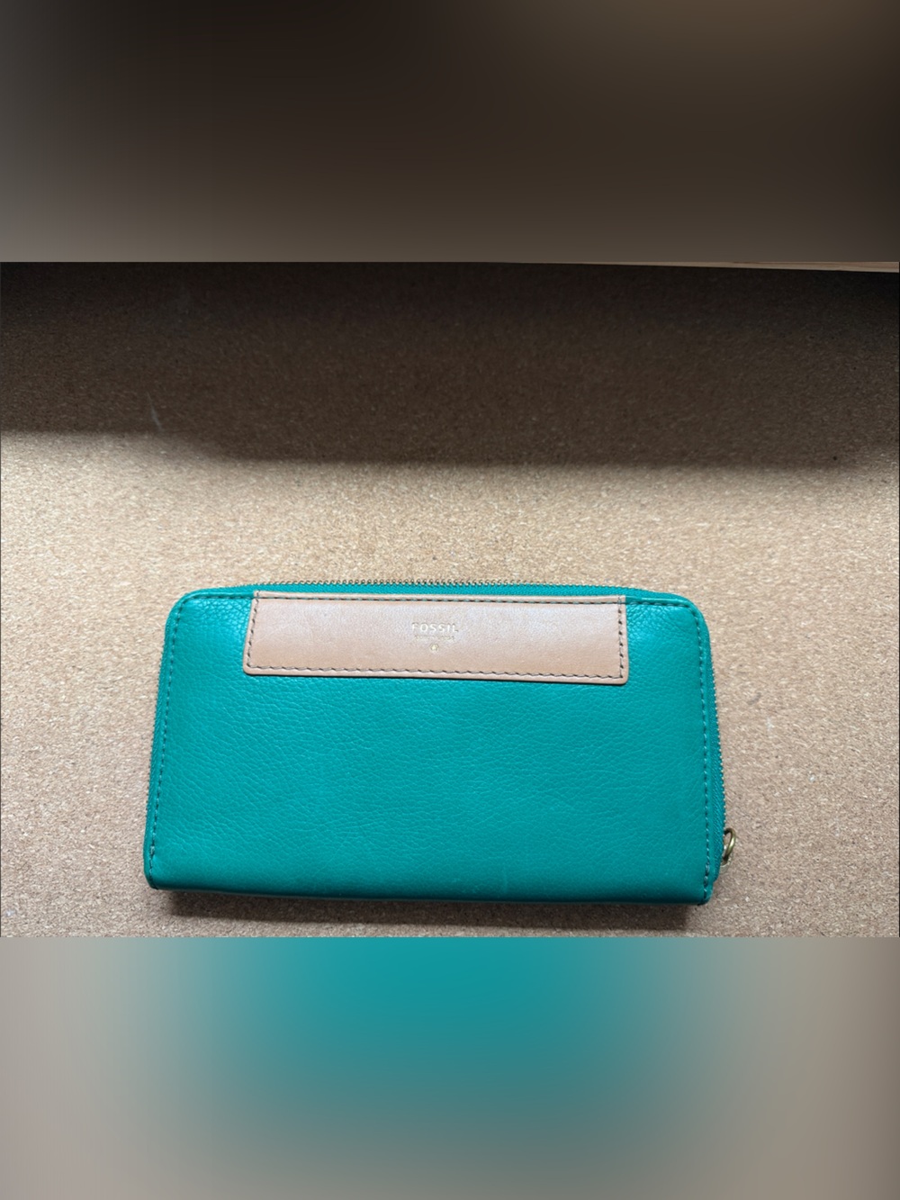 Fossil Teal and Tan Zip-Around Leather Wallet